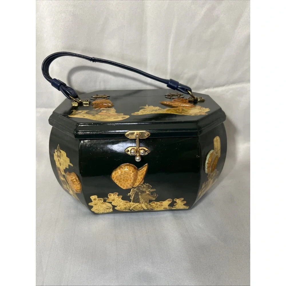 Vintage Holly Hobbie 3‎ D Decoupage Black Lacquer Wooden Handbag
